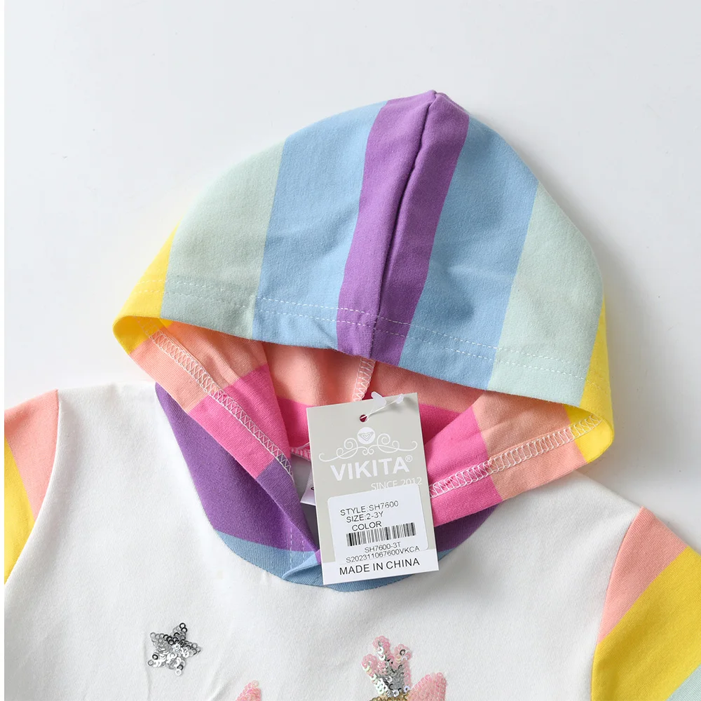VIKITA Mädchen Einhorn Stern Appliziertes Kapuzenkleid Kinder Kurzarm Sommer Baumwolle Lässig Gestreiftes Buntes Gerades Rüschenkleid – Detail 3