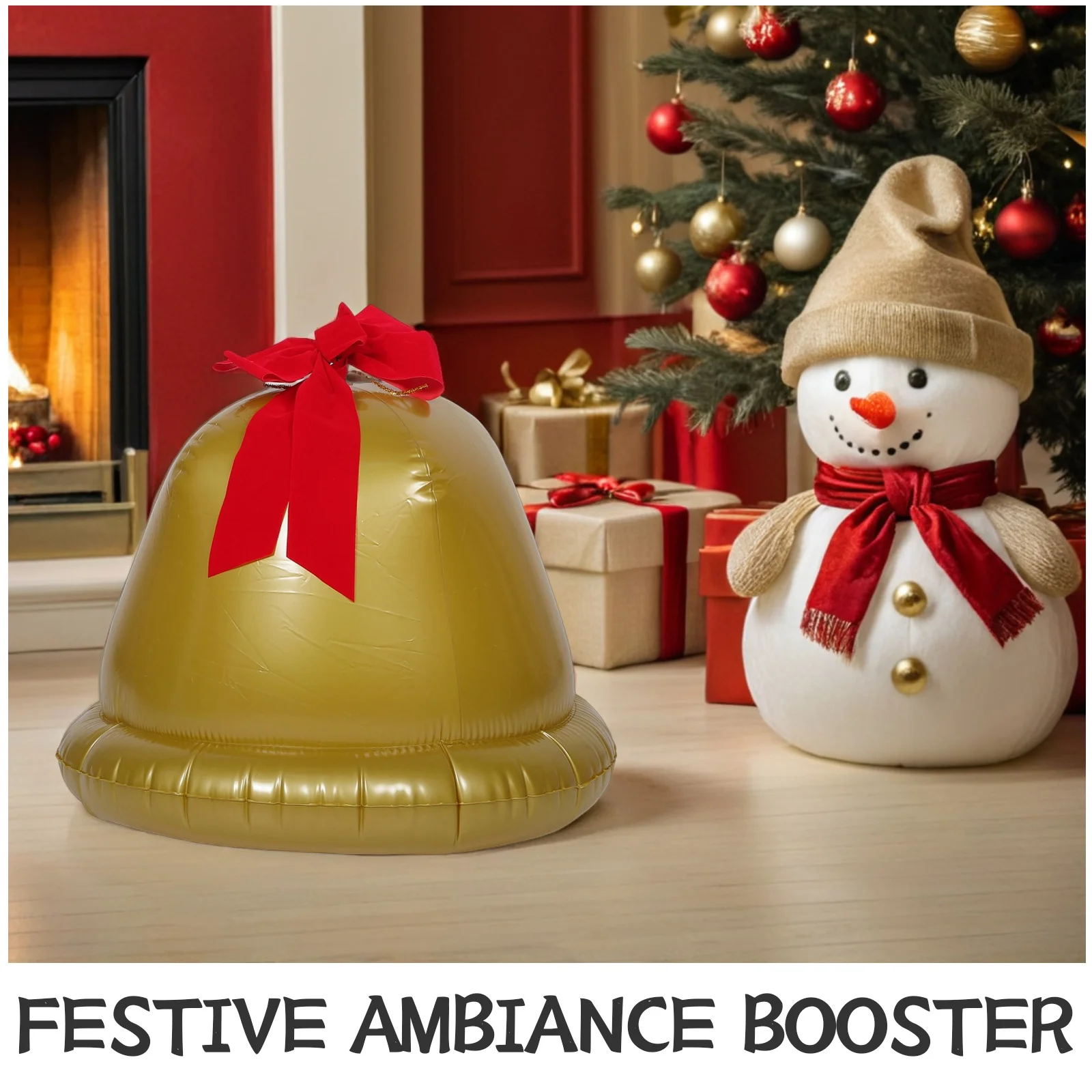 جرس جلجل قابل للنفخ للعطلات، زينة كبيرة جدًا لعيد الميلاد مع فيونكة لامعة، قابلة للنفخ في ساحة الشرفة الخارجية للاحتفالات الداخلية