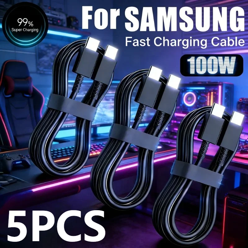 New5Pcs PD 100W USB Type C To C Fast Charge Cable for Samsung Galaxy S22 S23 S24 S25 Plus Note Ultra A53 A54 Charging Data Cable