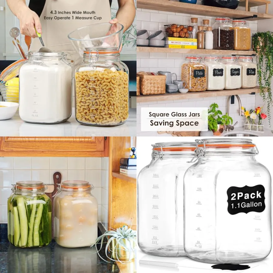 

UPGRADE] 2 Pack Super Wide Mouth Airtight Glass Storage Jars with Lids, 1.1 Gallon Glass Container with 2 Measurement Marks, Ca