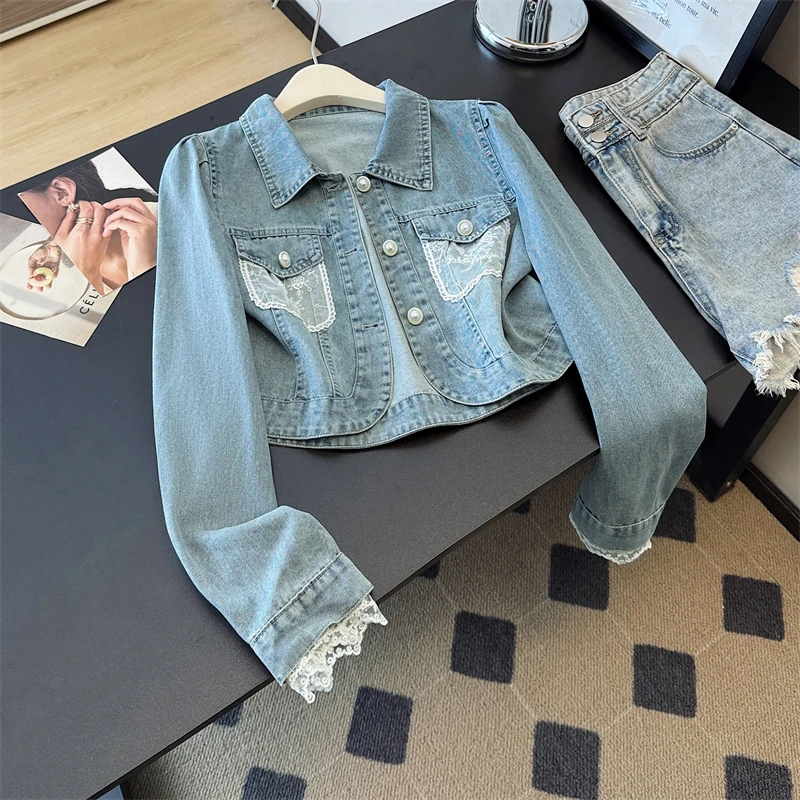

Fashion Lace Patchwork Light Blue Slim Short Jeans Jacket Coat Autumn Lapel Single-Breasted Long Sleeve Female Cowboy Outerwear