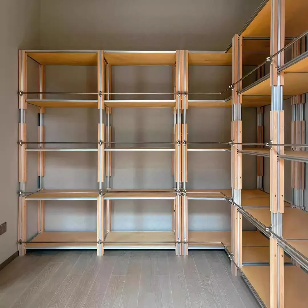 Light luxury multi-layer optical axis storage display rack, aluminum profile birch ocean board storage rack