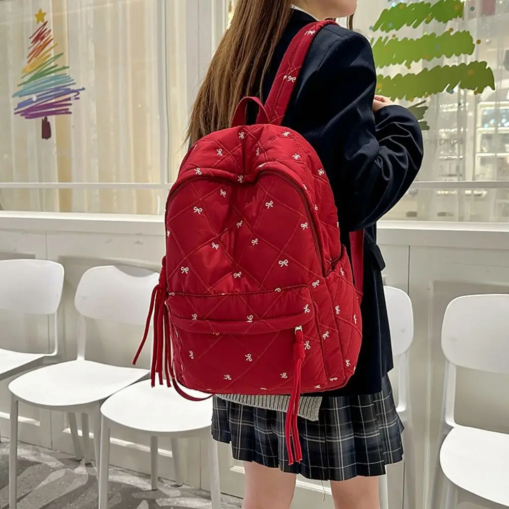 

Cute Preppy Style Embroidered Bow Backpack Bownot Embroidery Nylon Backpack Large Capacity Portable Students School Bag School