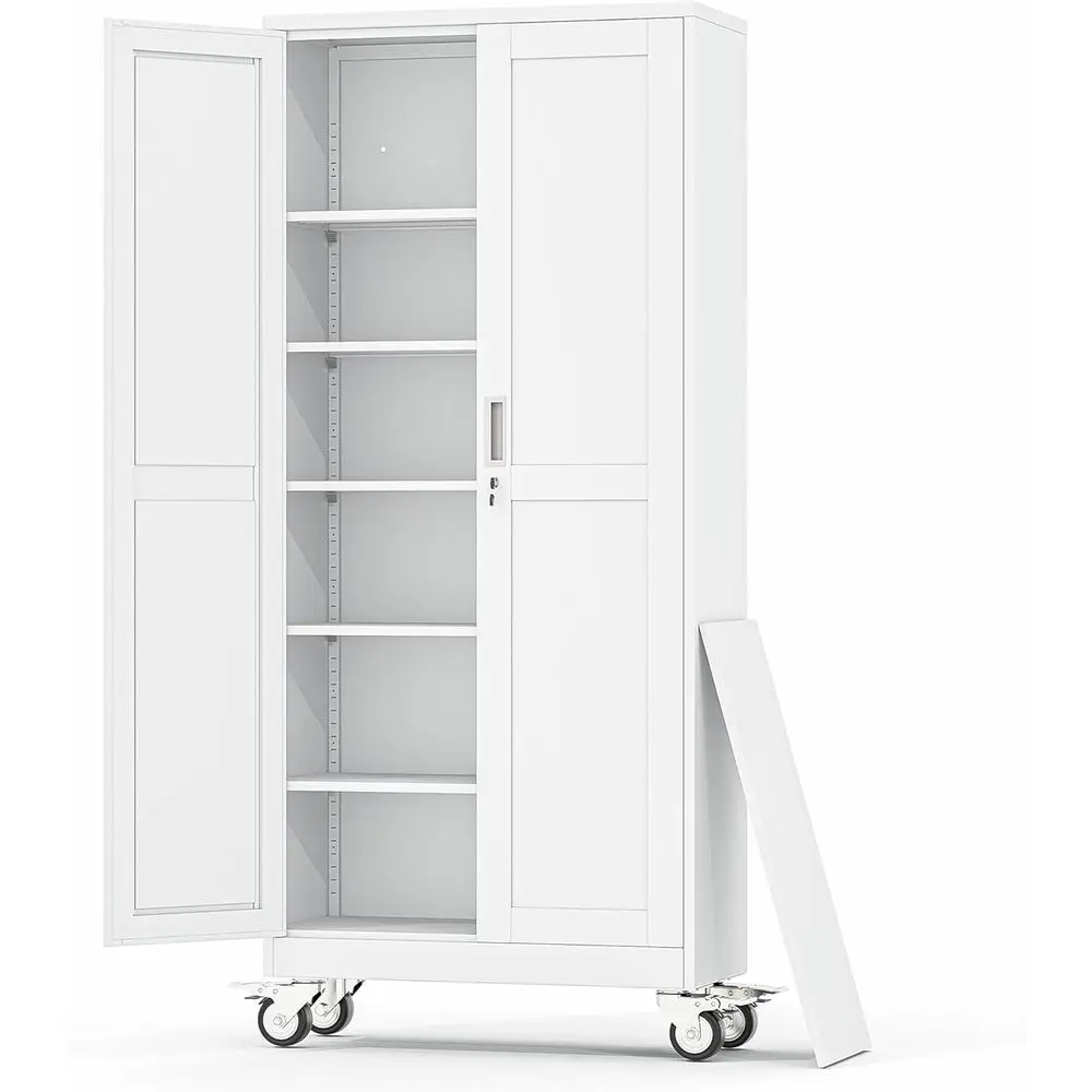 

75 Tall Rolling Utility Cabinet with Wheels, Lock, 5 Adjustable Shelves, Heavy-Duty Steel Storage for Garage, Office, or Gym, Wh