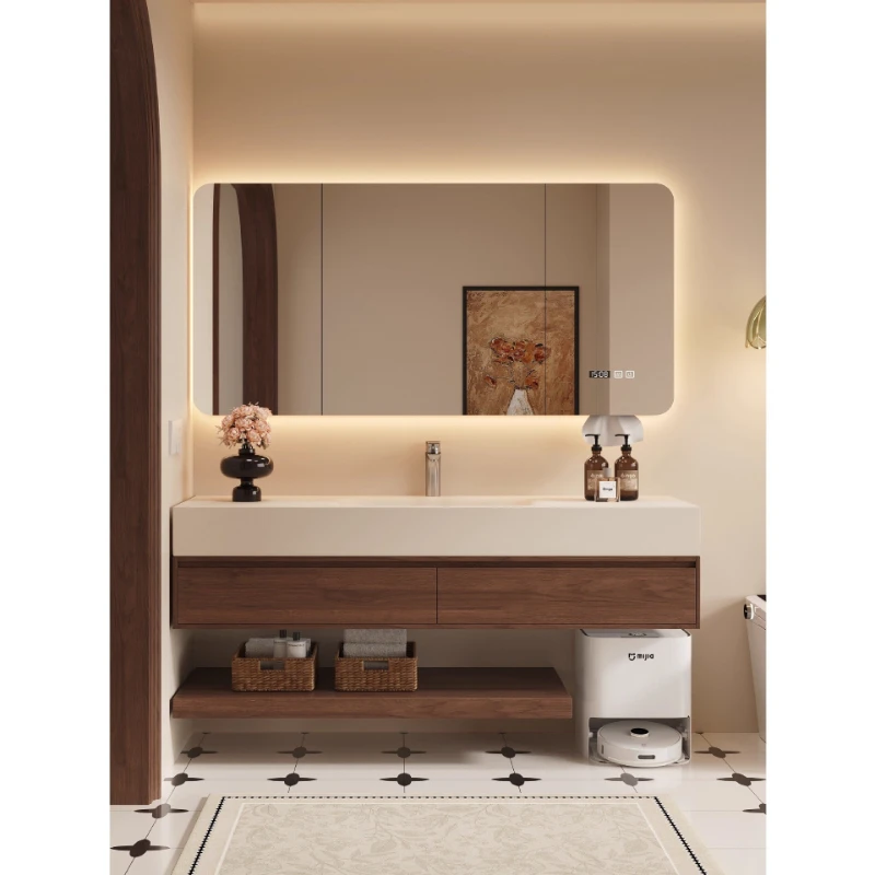 Medieval walnut-colored rock slab hot-bending integrated basin layered base station model sweeping robot hand washing basin
