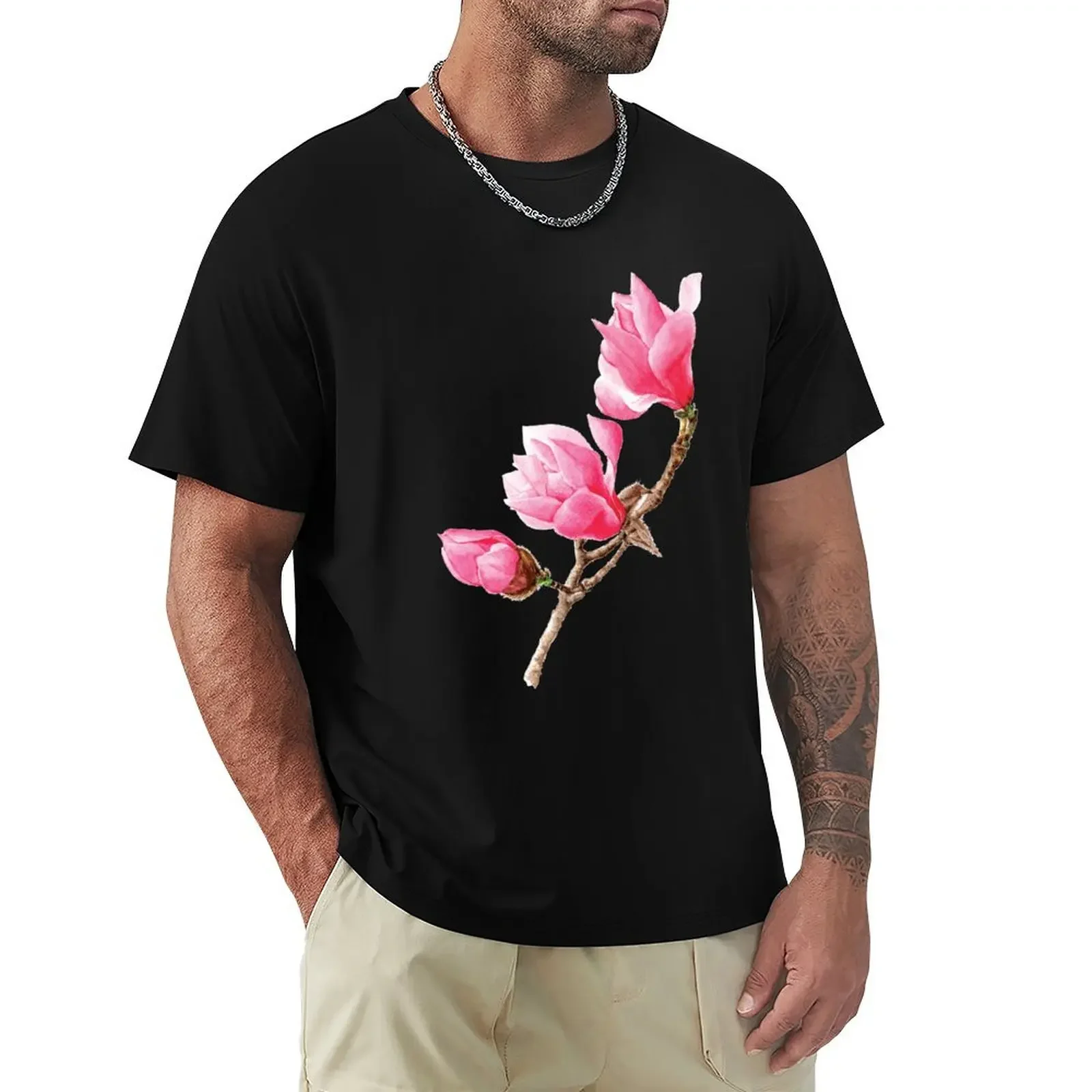 Pink magnolia flower Watercolor Painting T-Shirt street wear customs design your own oversized t shirt men