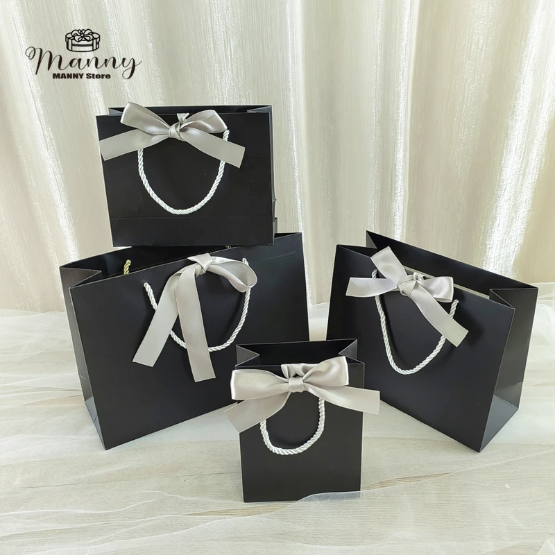 

10 Black Gift Bags For Wedding Gift Box Ornament Pajama Book Kraft Paper Packaging for Small Businesses With Ribbon Busines Bags