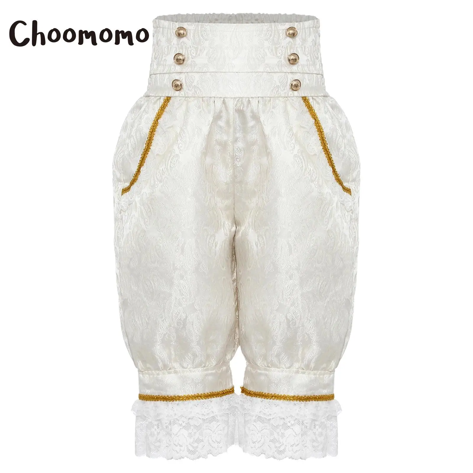 

Girls Renaissance Medieval Pants Halloween Victorian Pattern Pockets Pantaloons Elastic High Waist Ruffle Lace Bloomers Trousers