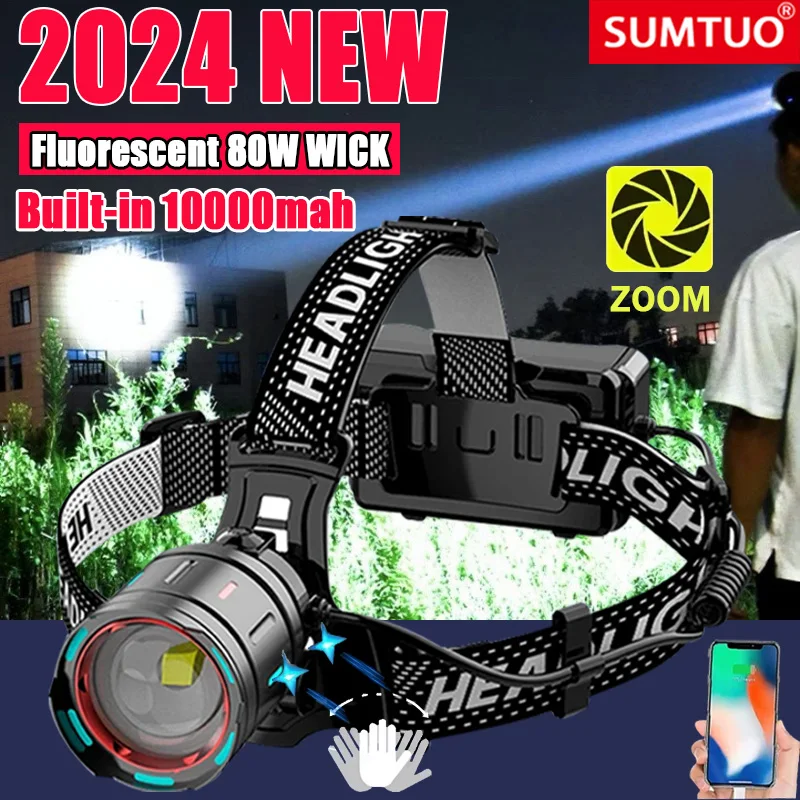 2024 Newest Powerful LED Headlamp 800W LED IR Sensor Rechargeable Headlight 3500M Super Bright Head Flashlight Fishing Lantern