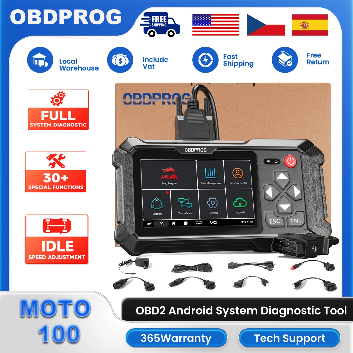 OBDPROG MOTO 100 OBD2 Multi-brand Motorcycle Diagnostic Tool with OBDII All System Code Reader ECU Coding A/F EPB Scanner Tester