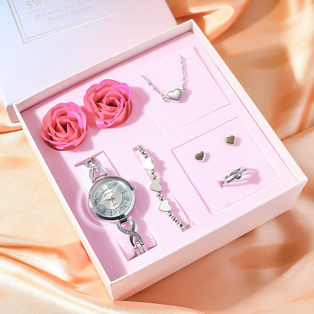 Women Quartz Watch Set Fashion Bracelet Watch Female Jewelry Set 5Pcs Bracelet Necklace Earrings Ring Watches Gift With Box