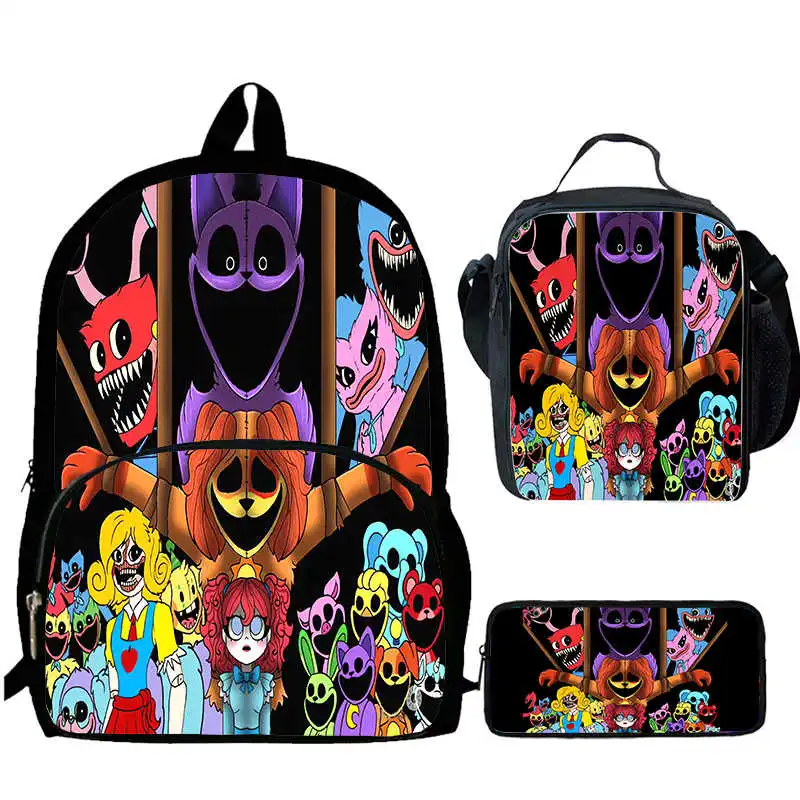 Sac à dos de dessin animé Mochila Smiling Critters avec sacs à lunch, trousse à crayons, sac d'école pour garçons et filles, sacs de livre pour étudiants, ensemble de 3 pièces