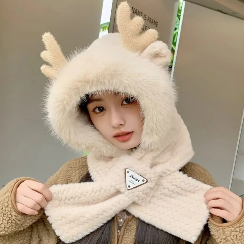 Cute Soft Fur Women Hooded Scarf Cross Winter One Piece Hat Scarf Warm Elk Antler Ear Protection Hat Neckerchief