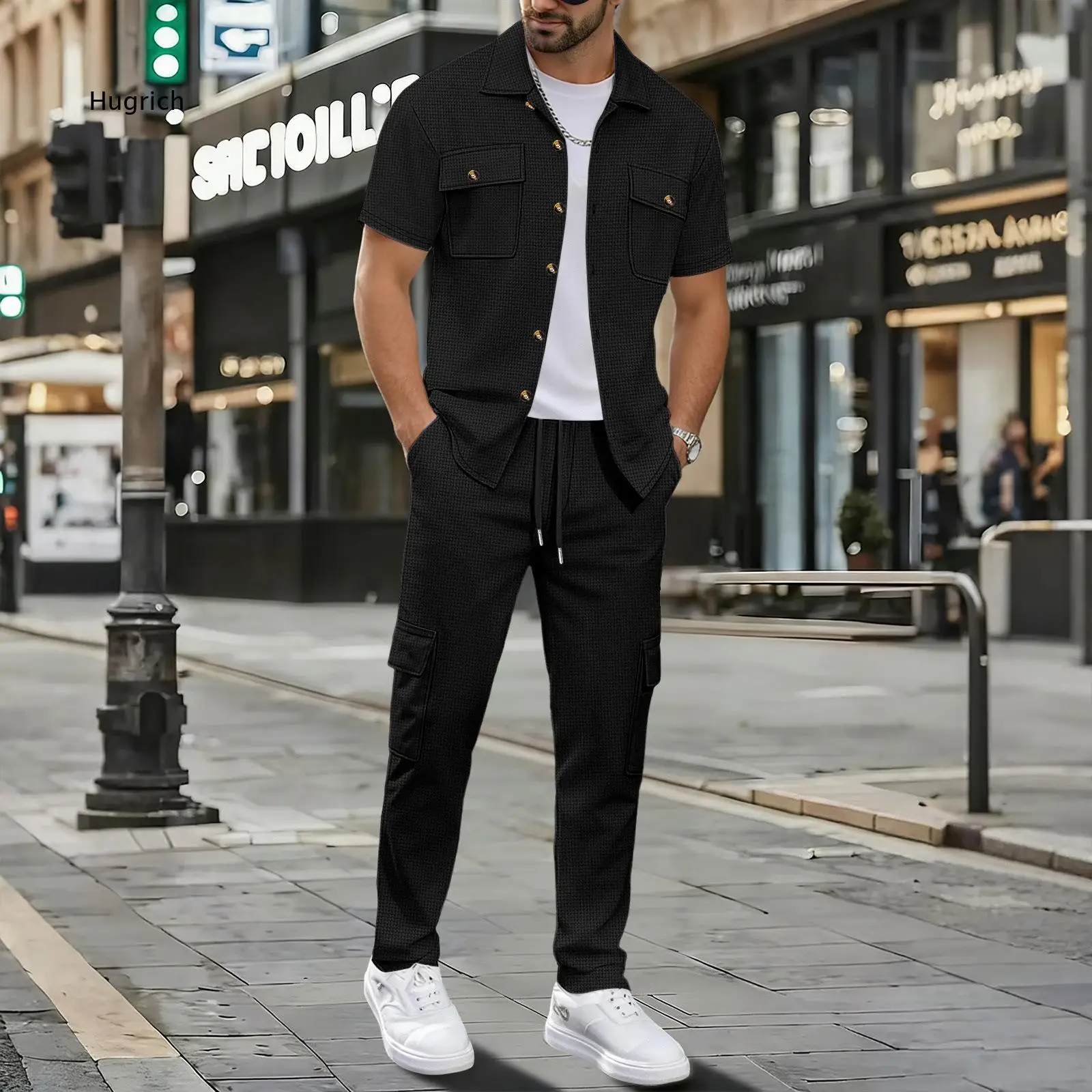 Daily Street Two Piece Outfit For Men Waffle Knit Lapel Short Sleeve Shirt And Multi Pocket Drawstring Cargo Long Pants