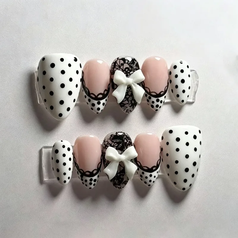 24PCS Sweet White French Press on Nails Cute Black Polka Dots Lace Almond False Nails 3D Bowknot Wearable Nail Tips Handmade