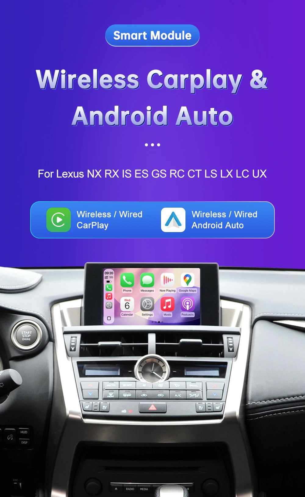 Kabelloses CarPlay Android Auto für Lexus NX RX IS ES GS RC CT LS LX LC UX GX 2014-2019 mit Mirror Link Airplay-Unterstützung Kamera Auto-Player – Detail 1