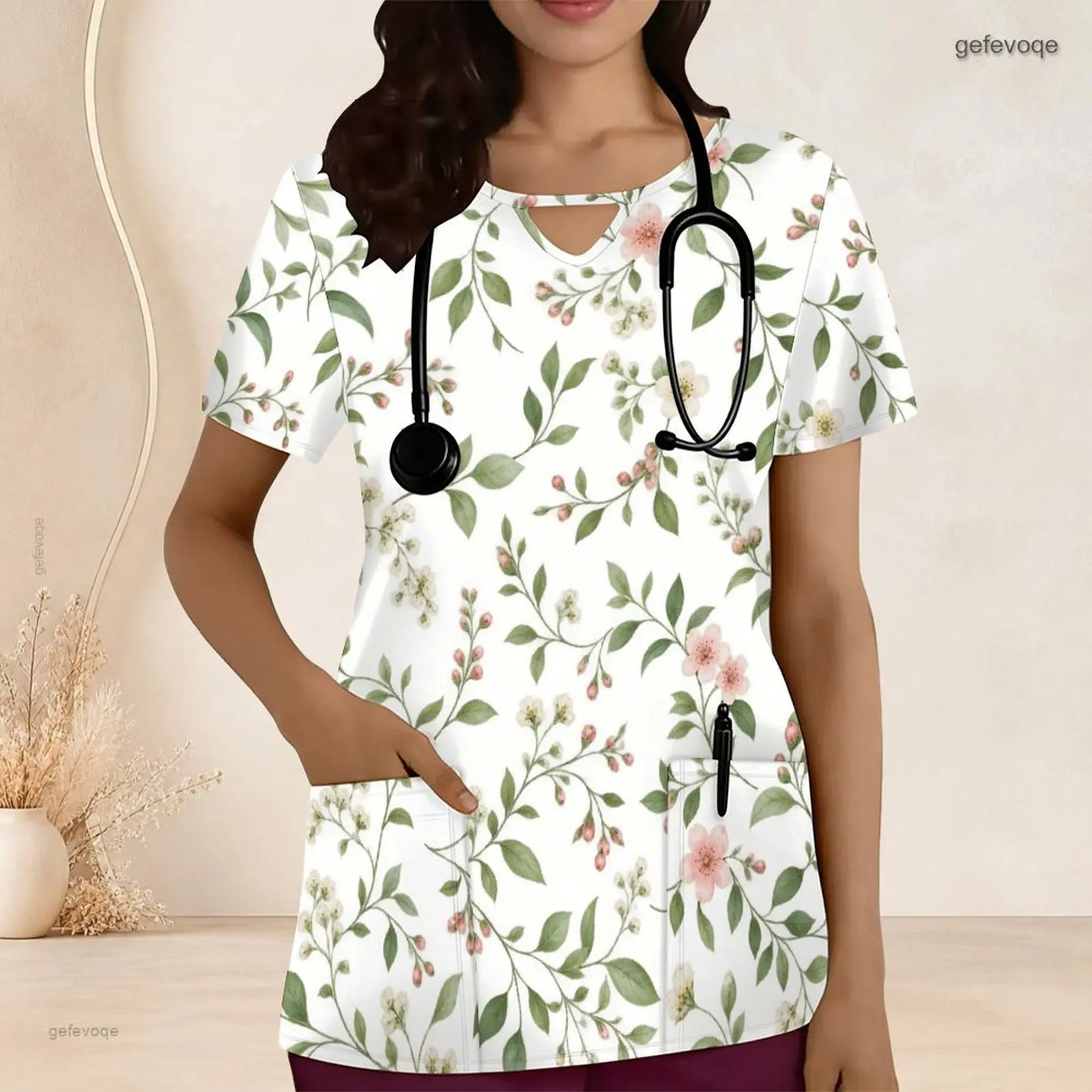 Women Printed Daisy Floral Turquoise Blue Keyhole Neck Short Sleeve Scrub Top with Front Pockets