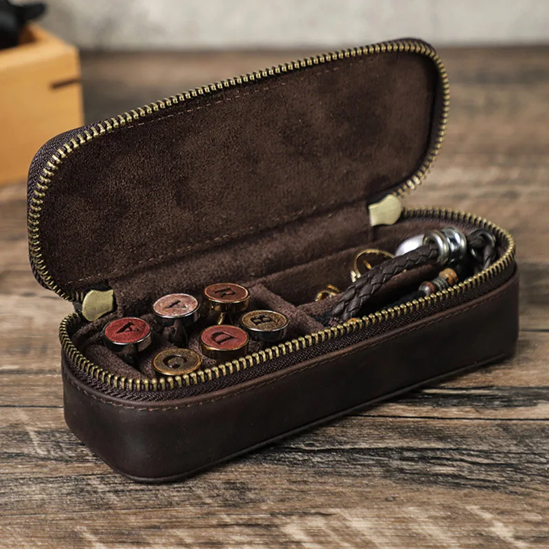 Genuine Leather Cowhide Small Zipper Case Durable Multi-purpose Organizer Daily Use Travel Bag for Jewelry Stamps Accessories