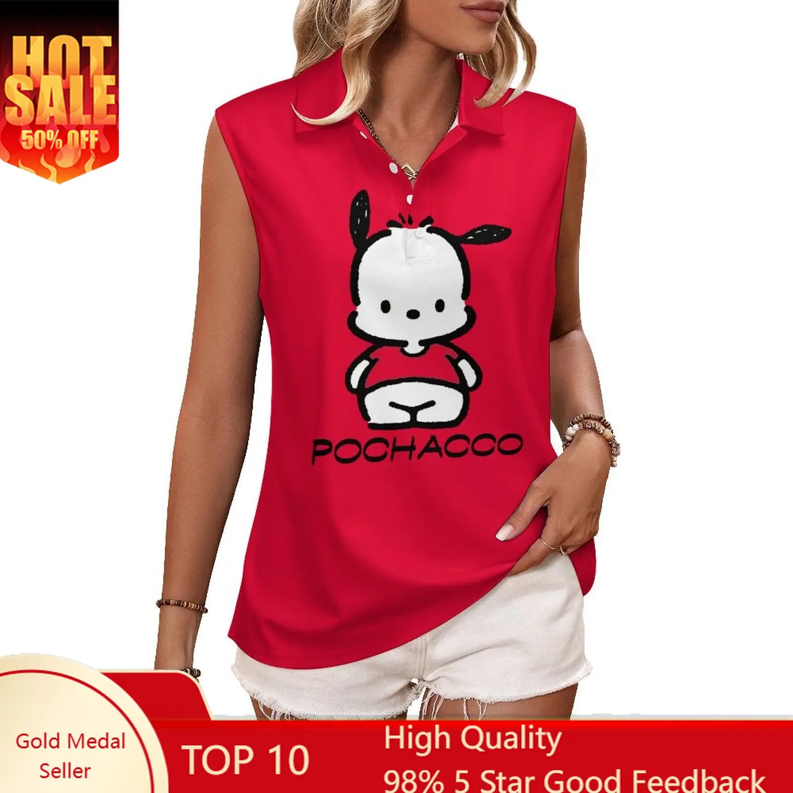 

Pochacco Tank Top Womens Sanrio Cartoon Sleeveless Polo Shirt Breathable Tshirt Casual Tops Cute Summer Clothing