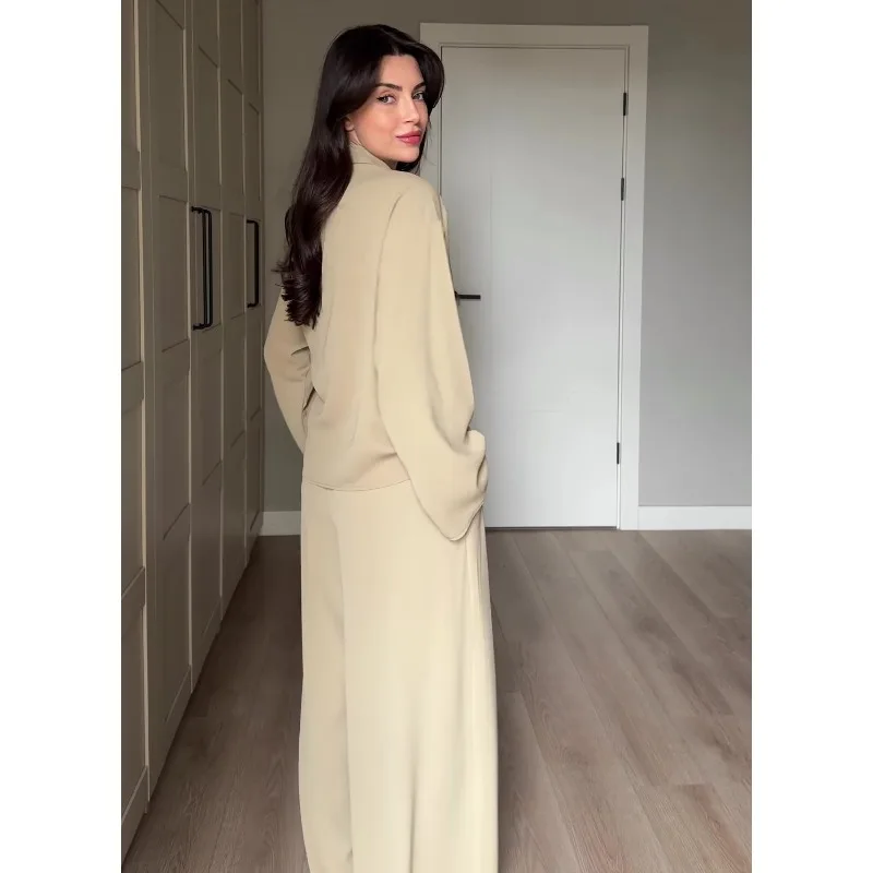 Muslim Two Piece Set Women V Neck Shirt Solid Blouse Wide Leg Pants Suit Dubai Arabic Outfits Morocco Islam Ensemble 2026