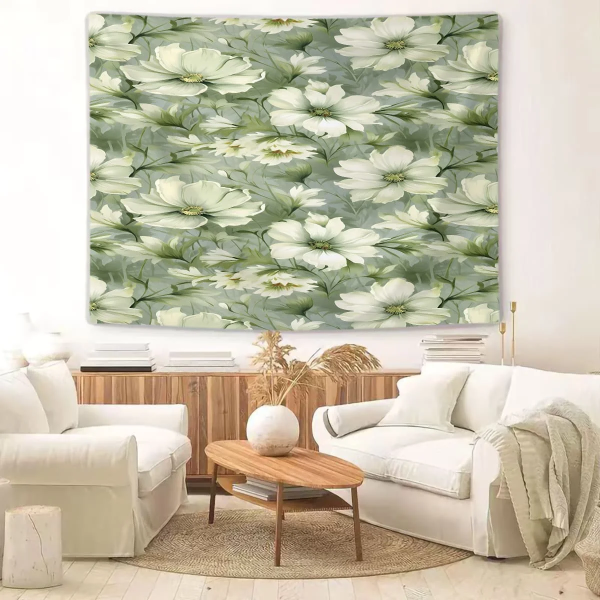 

Гобелен с белым цветочным узором на светло-зеленом фоне: элегантный декор для стен гостиных и спален, идеально подходит для любителей нежного стиля.