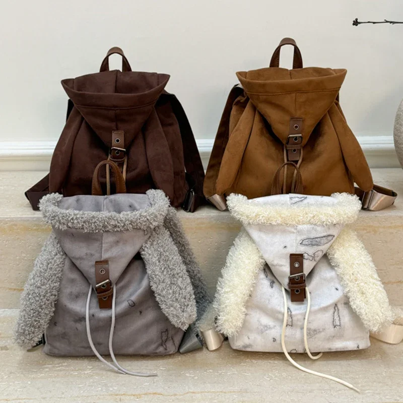 Women's Vintage Distressed Rabbit Ear Backpack, Cute Fluffy Casual Bag Daily Outdoor Outfits Ladies Fashion Daily Small Backpack