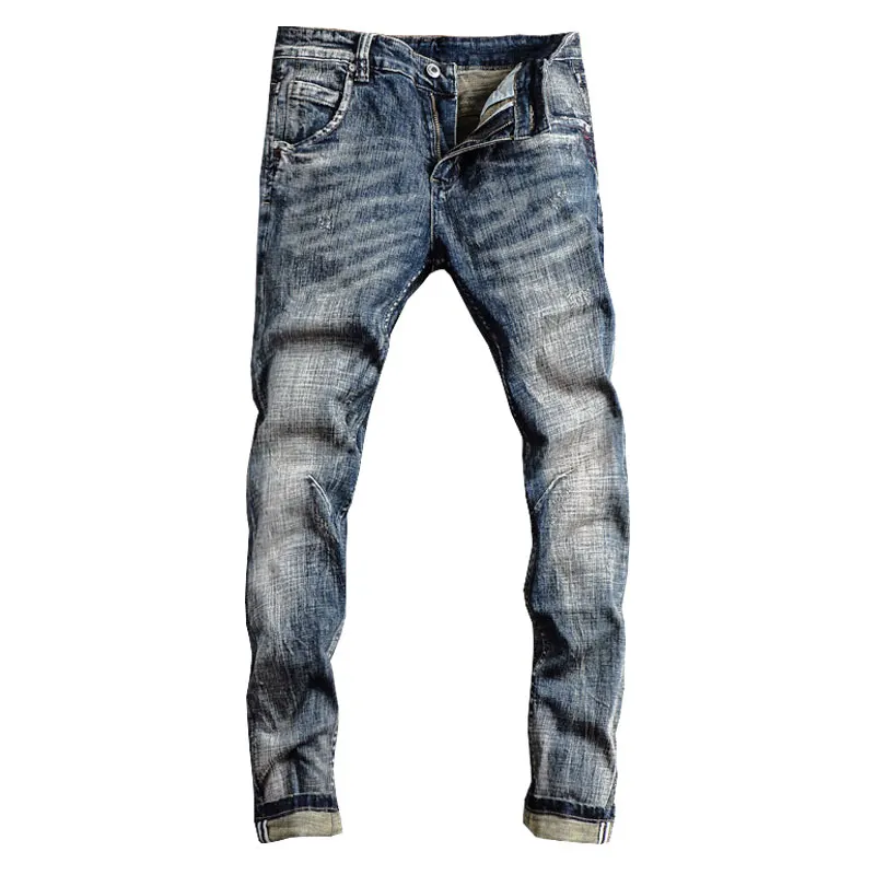 Italian Style Fashion Men Jeans High Quality Retro Washed Blue Elastic Slim Fit Ripped Jeans Men Vintage Designer Denim Pants
