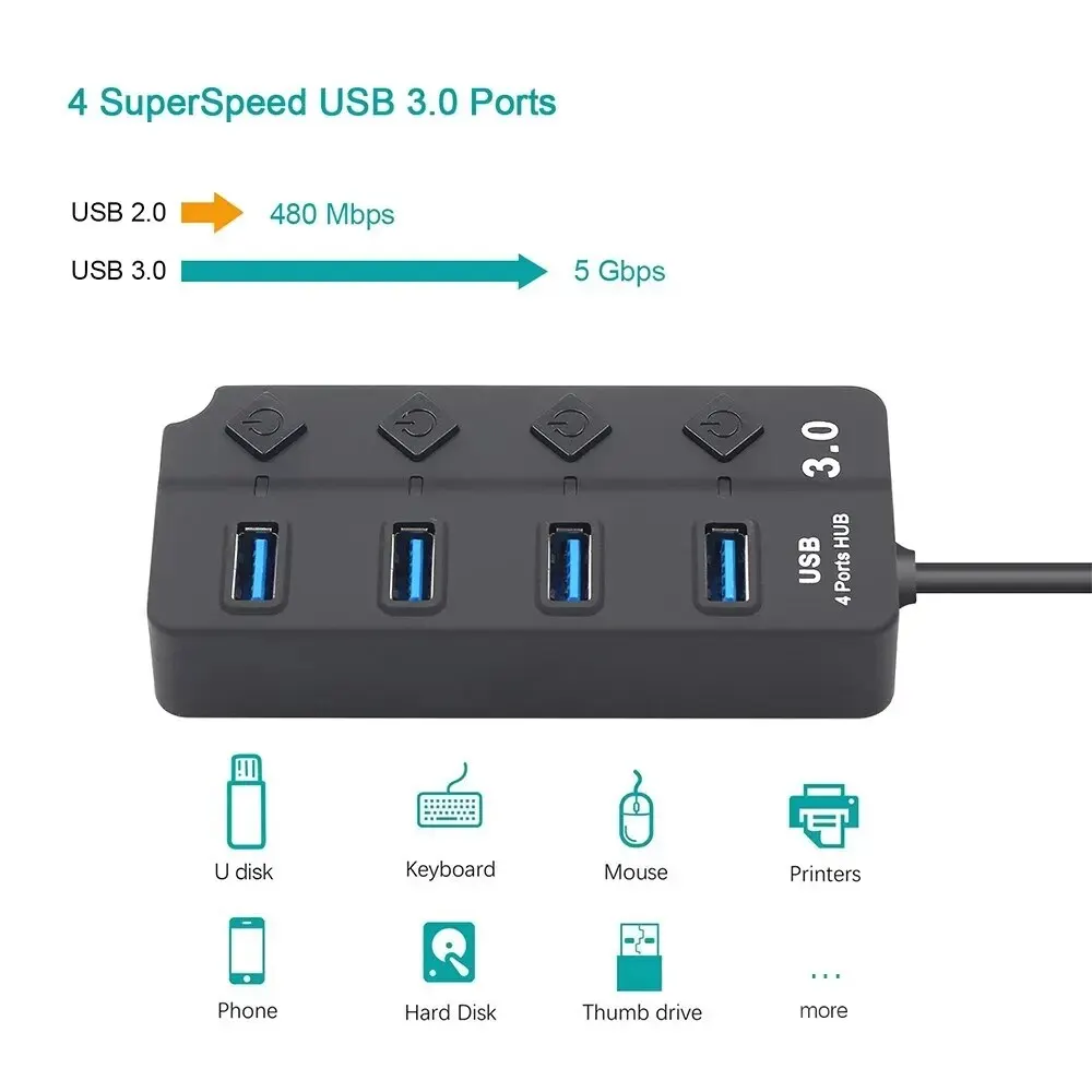 HUB USB 3.0 4-en-1, Répartiteur USB 2.0, Adaptateur Multiport, Interrupteur D'alimentation Indépendant, Rallonge De C?ble De 3