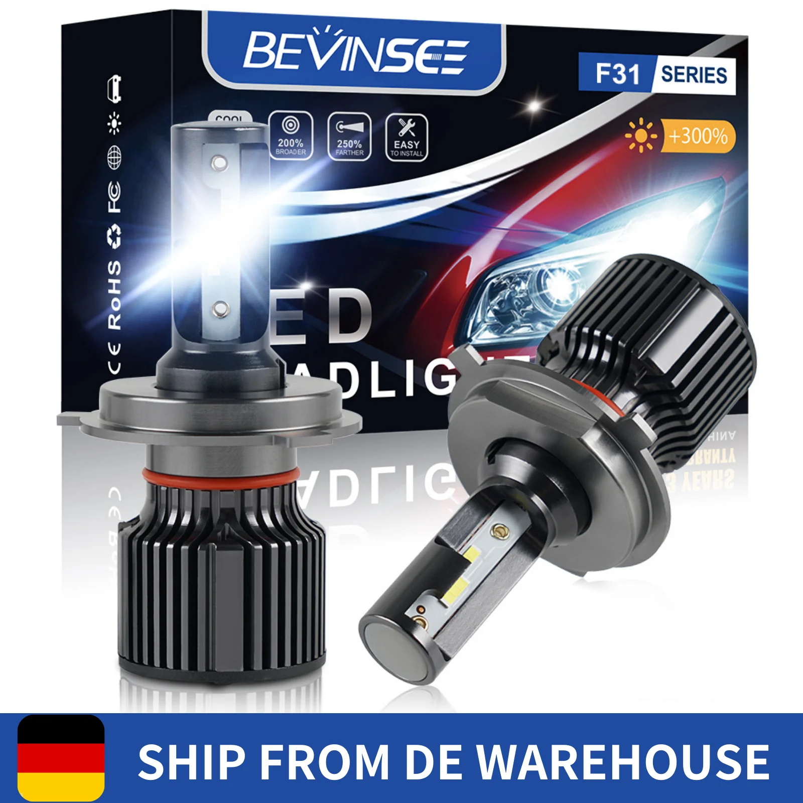 BEVINSEE 2X H4 Headlight Bulb High Low Beam Mini Size H4 LED Headlamp For Vehicles Brighter Light 50W 6000LM 6000K White 12V