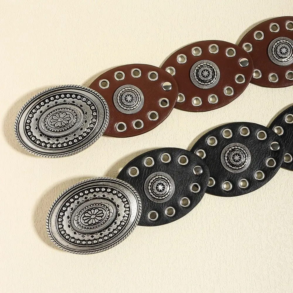 المتخصصة خمر حزام المرأة Y2k أسود براون البيضاوي حزام الخصر بو الجلود فاسق فستان حزام البنطال الجينز راعية البقر