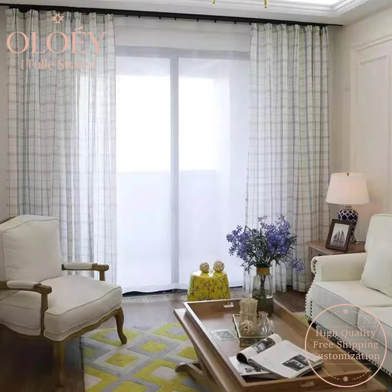 

Grid Linen Sheer Curtain for Window Light Blocking Breathable Living Room Balcony Partition Translucent Sunshade Windowsill Yarn