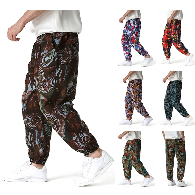 2024 Summer New Trendy Cotton Linen Printed Small Leg Pants for Men\'s Lantern Pants