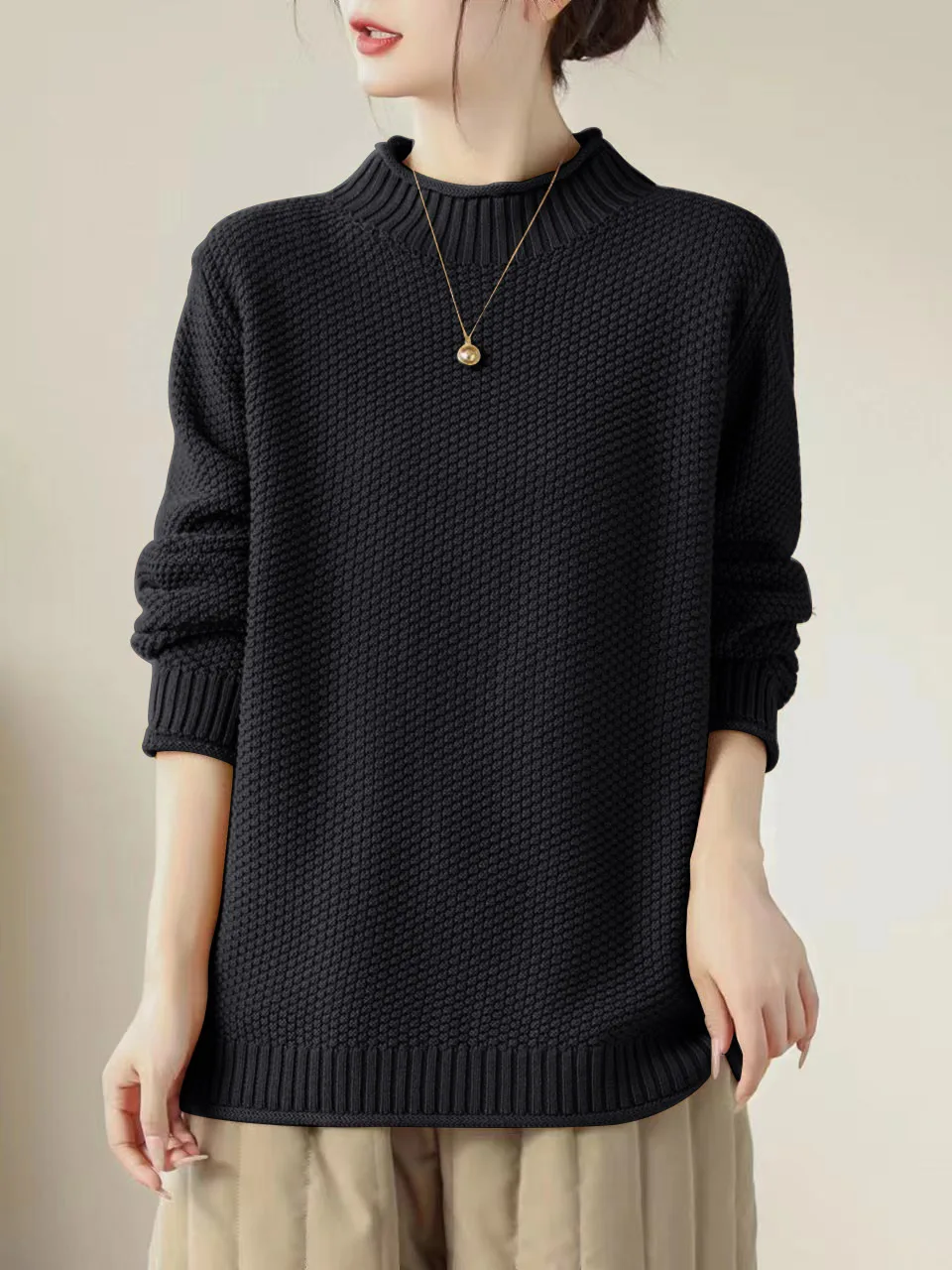 

Women's Loose Fit Pullover Knitwear f High Collar Pure Cotton Long Sve Warm Thiened Autumn Winter Casual Top