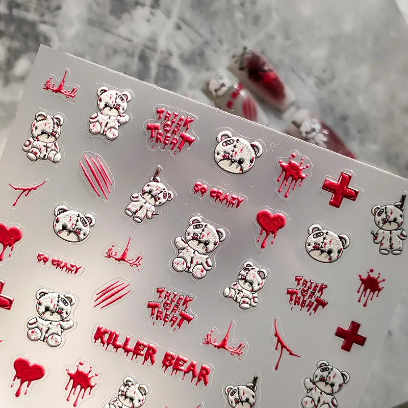 5D Realistic Relief So Crazy Killer Bear Bleeding Heart Cross Bloodstain Adhesive Nail Art Stickers Decals Manicure Ornaments