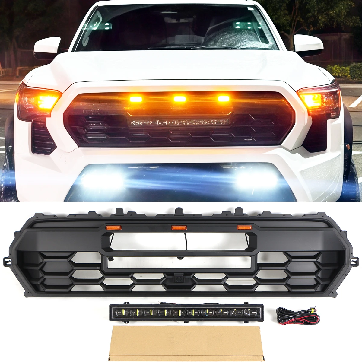 

Front Grille Fits for 2024 Toyota Tacoma W/Lights&Light bar Black Grill
