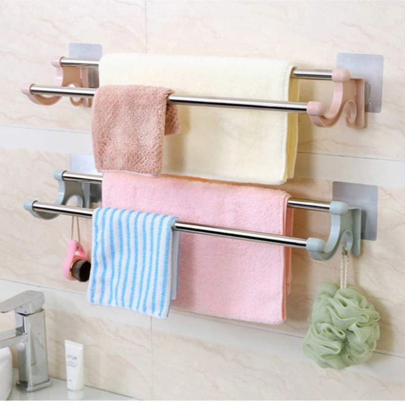 

1PCS Punch-free Double Rod Towel Bar Wall Mounted Traceless Towel Storage Shelf Space Saving Stainless Steel Towel Rack Toilet