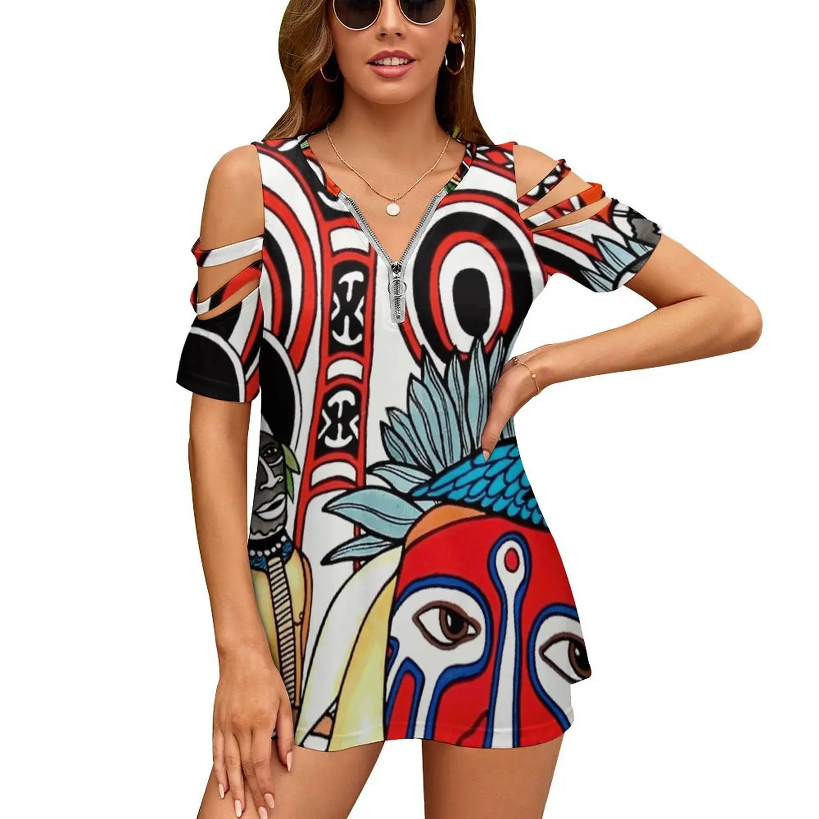 #258-Unique Png Culture I-Artist Nathalie Le Riche Women's T-Shirt New Fashion Printed Zipper V-Neck Short Sleeve T Shirts