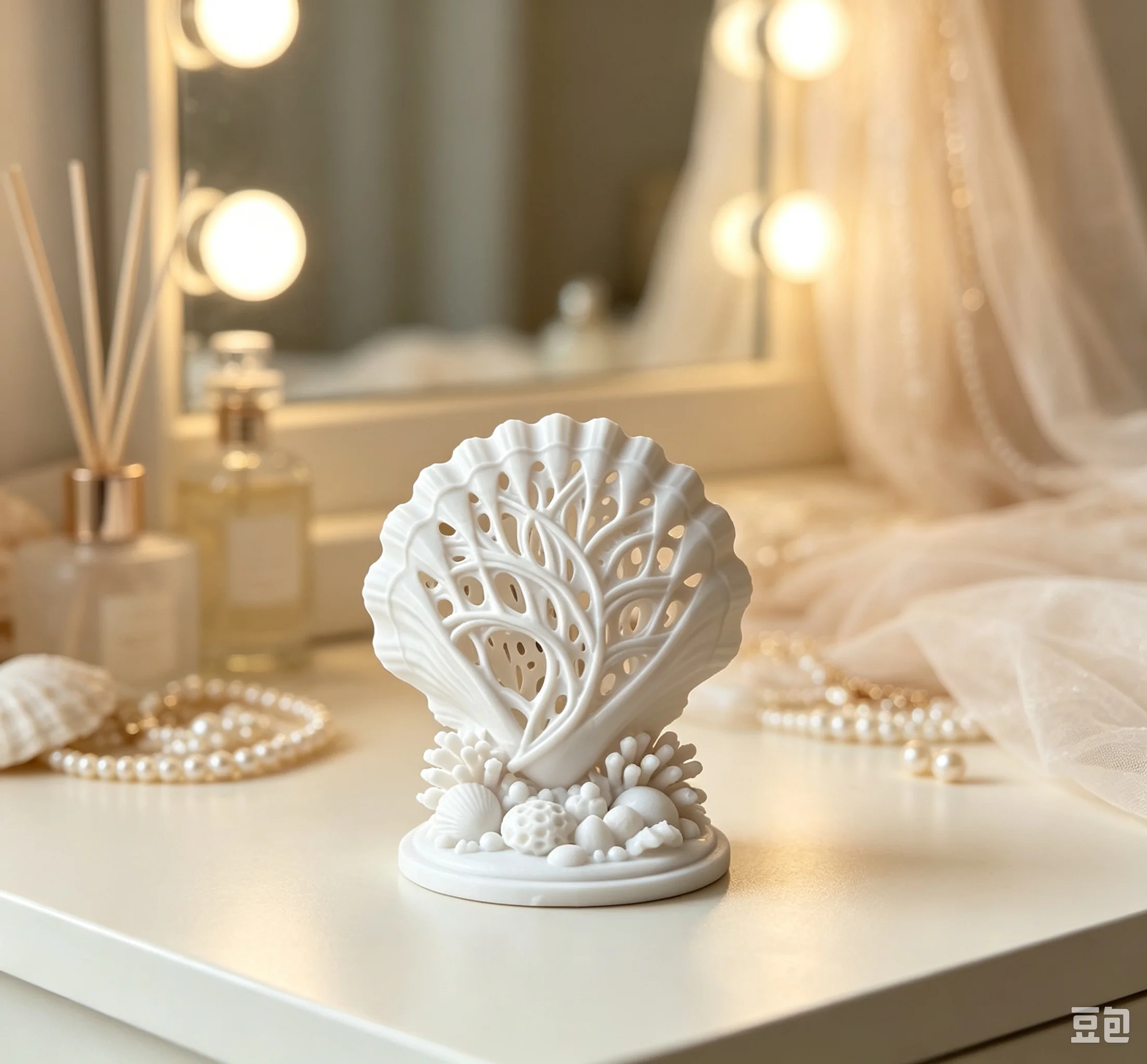 3D Printed Hollow‑out Seashell Sculpture, Plastic Ocean‑Style Shell Statue With Coral Base, Delicate Lace‑Cut Desktop Home