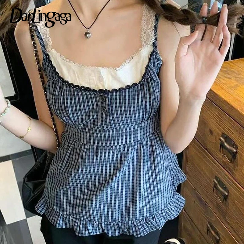 Darlingaga Korean Fashion Y2K Aesthetic Summer Camisole Tops Plaid Fake Two Pieces Patched Lace Trim Tank Top Ruffles Cutecore