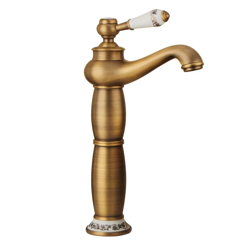 

Brass European retro washbasin faucet, blue and white porcelain head on the toilet table, plus high hot and cold mixing faucet