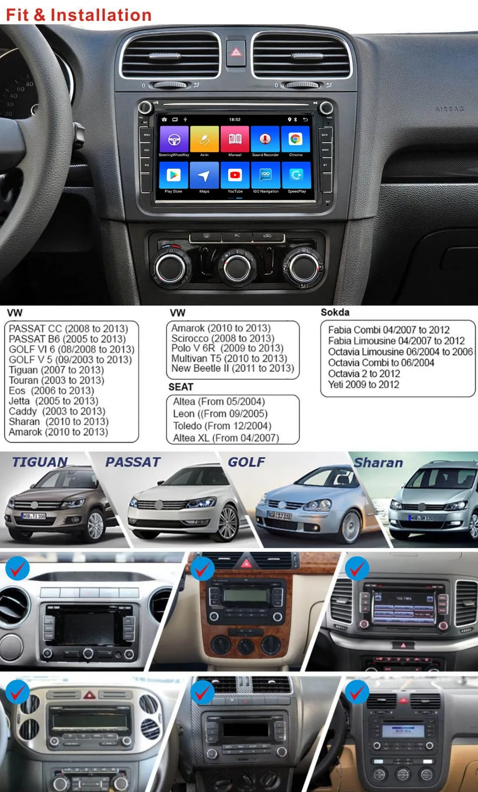 KASTNAVIN 8インチカーステレオCarPlay Android Auto対応 VW Golf 4 Golf 5 Pasat B6 B7 Polo Touran用 ビデオ GPS ラジオ WIFI BT搭載