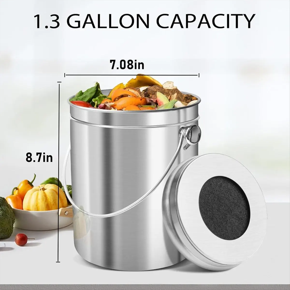 AA83 Compost Bucket for Kitchen Countertop,1.3 Gallon Stainless Steel Compost Bin Indoor with Lid, Odorless Food Waste Bucket