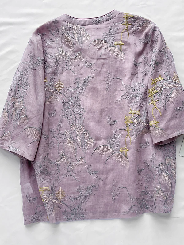 Nuevo chino Sle bordado lino suelto ajuste irt mujeres de gran tamaño Casual Top suelto verano Faion ropa de viaje