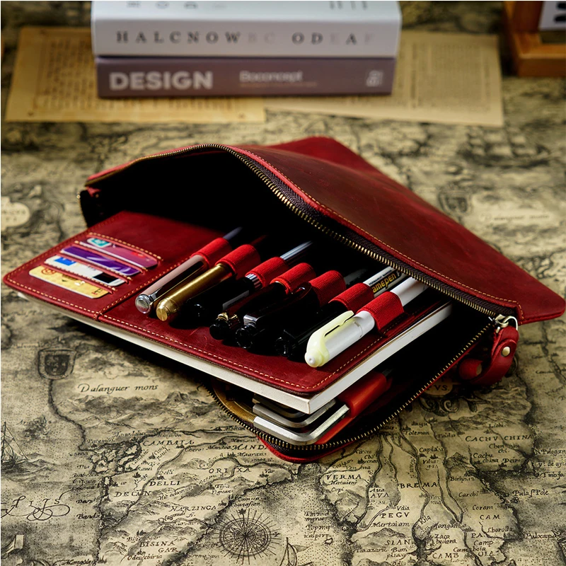 Fromthenon Cowhide Zipper Pen Bag Vintage Multiple Pen Case Large Capacity Removable Writing Case Stationery Storage Bag