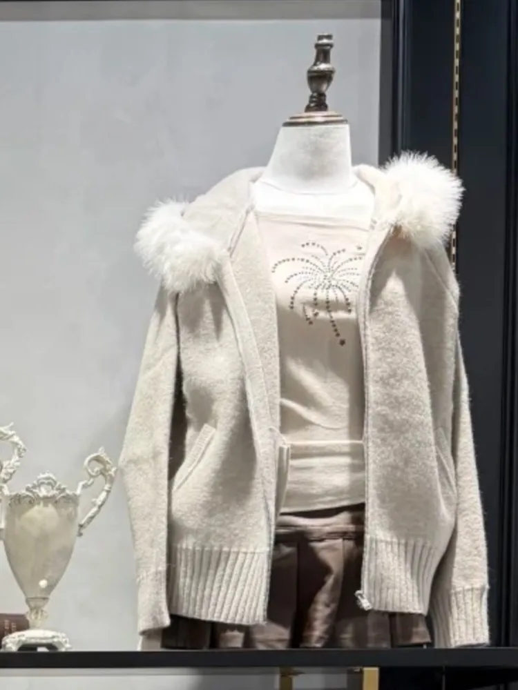 

Рождественские плюшевые вязаные женские с капюшоном, осенние повседневные хлопковые теплые свитера с карманами, топы, милый стильный шикарный свитер, кардиган