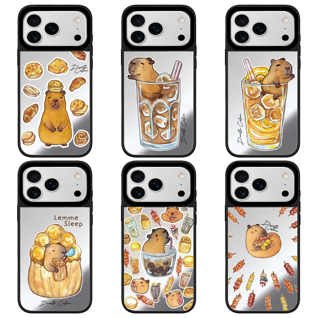 

Cartoon Capybara Mirror Surface Black Border Magnetic Phone Case Cover for IPhone 12 13 14 15 16 17 Pro Max Case