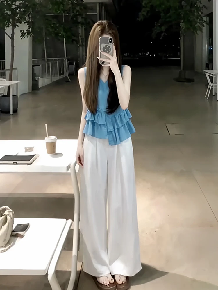 

Casual Loose Women's Summer Shirt Sleeveless Wide Leg Pants Set High Waist V-Neck Comfortable Breeze Style Fashion Outfit