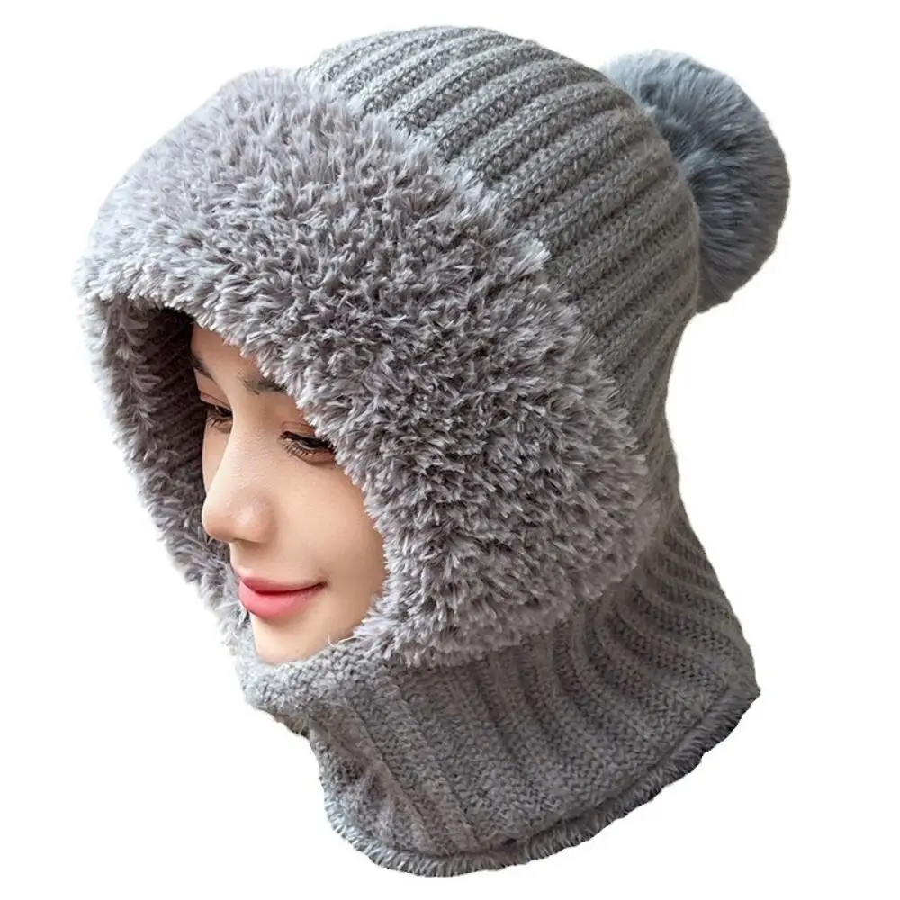 Simple Multi functional Balaclavas Hat Solid Color Plush Knitted Beanies Hat Windproof Thickened Mask Neck Cover Set Winter