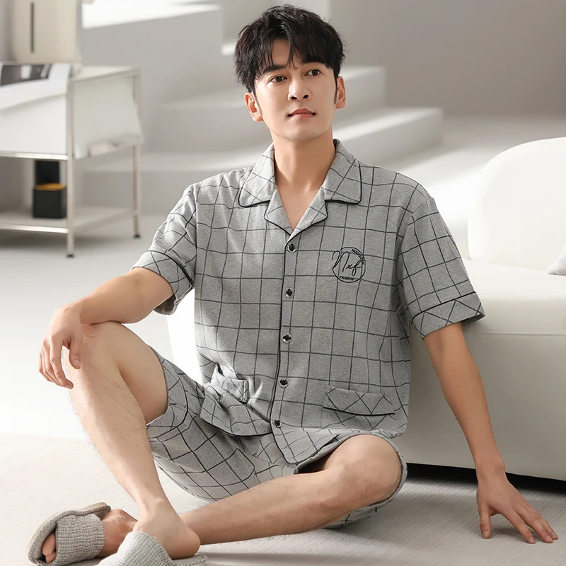 Big Size M-4XL Men Pajama Set Summer Short Sleeve Sleepwear Male Turn-down Collar 100% Cotton Pijamas