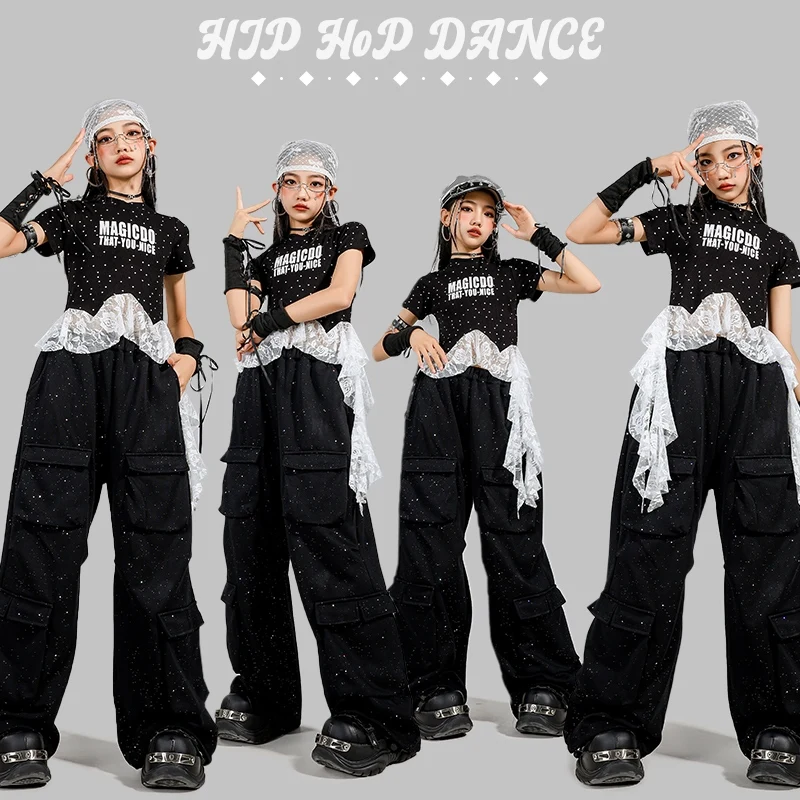 

2025 Fashion Girls Street Clothing Hip Hop Jazz Dance Performance Costume Short Sleeves Navel Tops Pants Summer Stage Wear 16353
